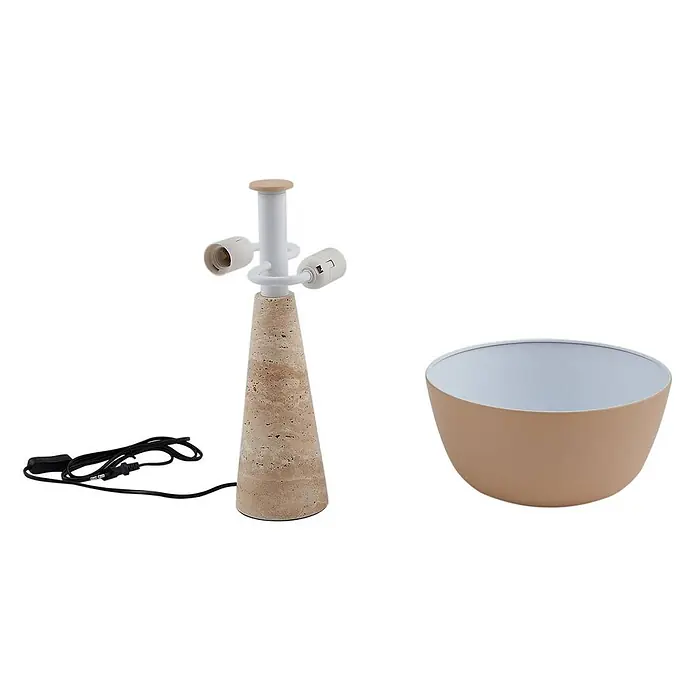 Lindby Tischleuchte Magritt - creme / amber, creme / amber, E27 - Beiger Lampenfuß in Travertin-Optik mit drei Fassungen und passendem schalenförmigem Lampenschirm.