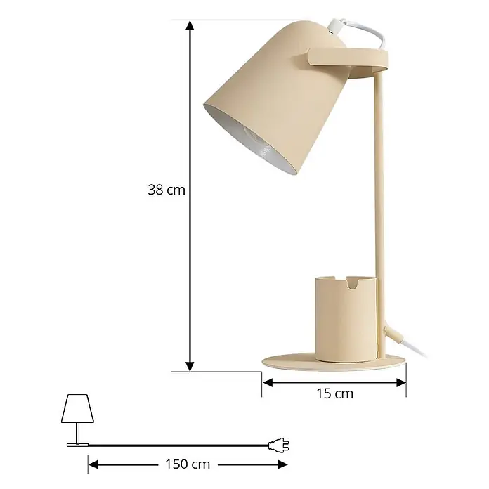 Lindby Tischleuchte Ilmar - L x B x H: 20 x 15 x 38 cm, creme / amber, creme / amber, E27 - Cremefarbene Metall-Schreibtischlampe mit verstellbarem Schirm, integriertem Stiftehalter, 38 cm Höhe, 15 cm Basis und 150 cm Kabel.
