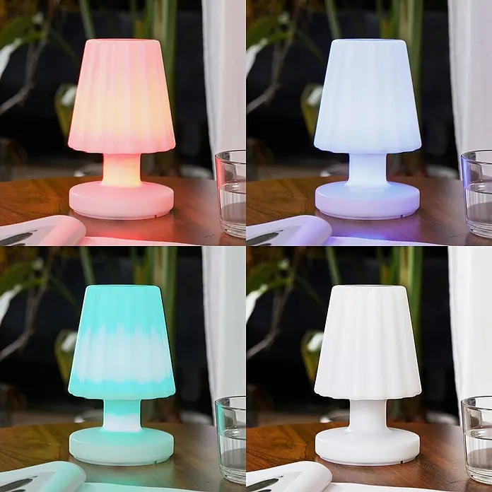 Lindby Tischleuchte Jovem - weiß / opal, weiß / opal - Kleine LED-Tischlampe mit geripptem Schirm, leuchtend in Rot, Blau, Türkis und Weiß.