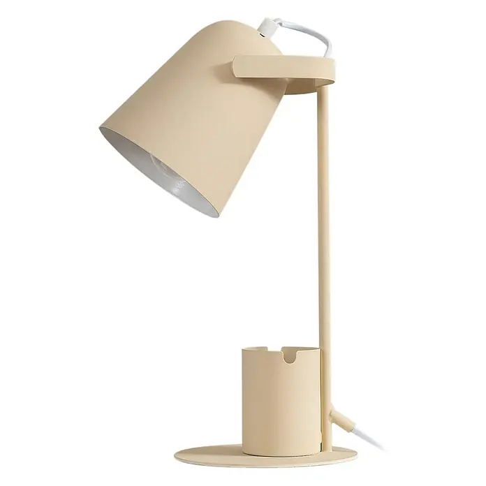 Lindby Tischleuchte Ilmar - L x B x H: 20 x 15 x 38 cm, creme / amber, creme / amber, E27 - Beige-metallische Schreibtischlampe mit verstellbarem konischem Schirm und integriertem zylindrischen Stifthalter im runden Fuß.