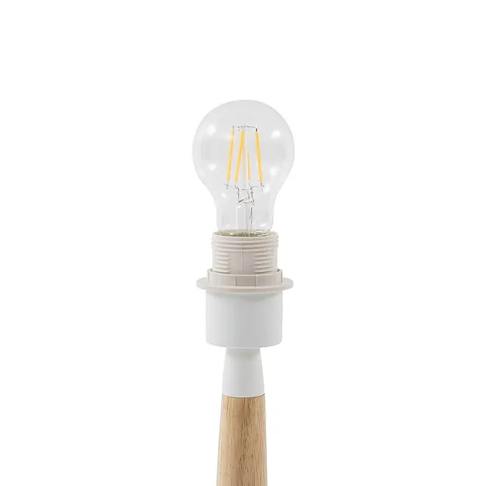 Lucande Tischleuchte Ellorin - L x B x H: 37 x 37 x 54 cm, Holz hell, weiß / opal, E27 - Eine LED-Glühfadenlampe in einer beigen Fassung, befestigt an einem weißen und naturfarbenen Holzlampenfuß.
