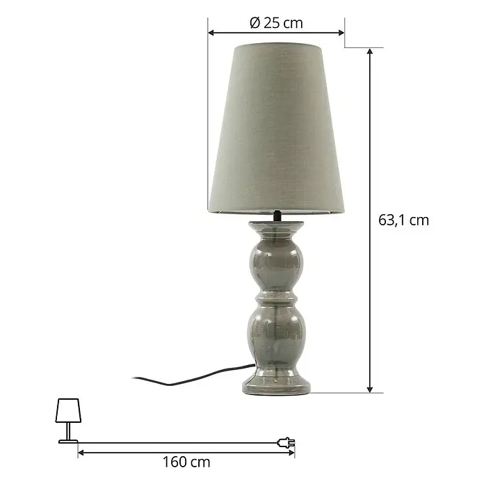 Lucande Tischleuchte Lyndorin - L x B x H: 25 x 25 x 63,1 cm, grün, grün, E27 - Glänzende graugrüne Keramik-Tischlampe mit hellem Stoffschirm.