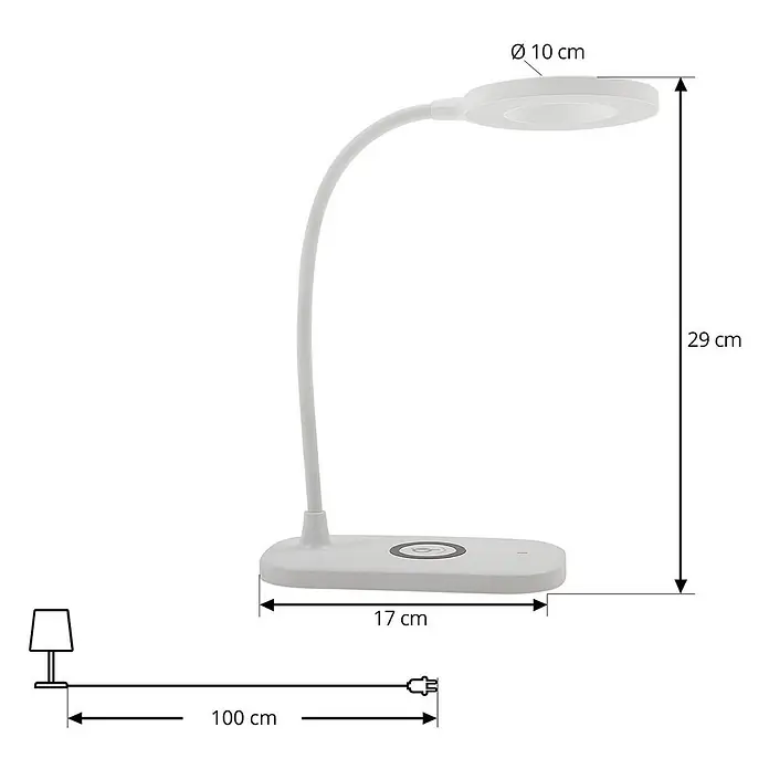 Lindby Tischleuchte Siona - weiß / opal, weiß / opal - Weiße Schreibtischlampe mit flexiblem Hals, rundem LED-Kopf und rechteckigem Fuß mit integriertem kabellosem Laden.