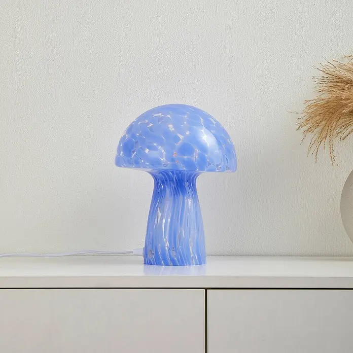 Lindby Tischleuchte Hubi - L x B x H: 22 x 22 x 28 cm, blau, blau, E27 - Blaue gesprenkelte pilzförmige Glastischlampe mit gewelltem Fuß.