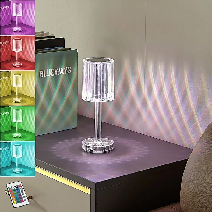 Lindby Tischleuchte Louane - L x B x H: 8,5 x 8,5 x 25,7 cm, klar / transparent, klar / transparent - Transparente, geriffelte Tischlampe projiziert bunte Regenbogen-Lichtmuster auf Wand und Oberfläche. Die LED-Lampe ist mehrfarbig.