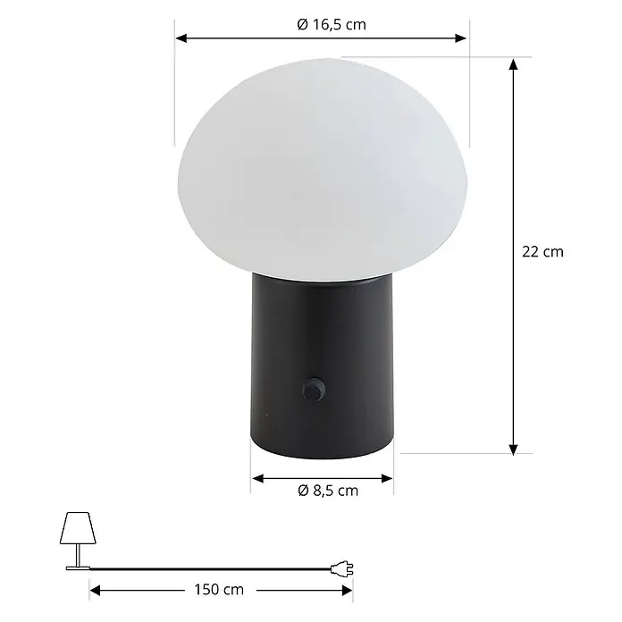 Lindby Tischleuchte Zelie - schwarz, weiß / opal - Pilzförmige Tischlampe mit weißem Diffusor und schwarzem Sockel. Maße und 150 cm Netzkabel inklusive.
