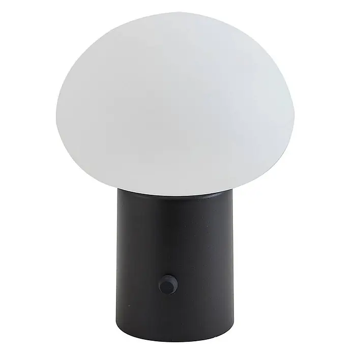 Lindby Tischleuchte Zelie - schwarz, weiß / opal - Weiße kugelförmige tragbare Tischleuchte mit schwarzem zylindrischem Fuß und Taste.