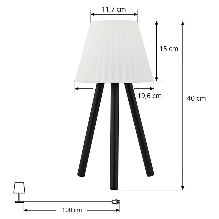Lindby Tischleuchte Jaimy - schwarz, weiß / opal - Schwarze Tischleuchte mit dreibeinigem Gestell und weißem plissierten Schirm, Maße inklusive 40 cm Gesamthöhe.