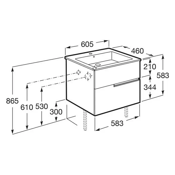 Roca Conjunto de mueble de baño Unik Borneo-N 2C - Ancho: 60 cm, Beige, 2 pzs. - Dibujo técnico de un mueble de baño con dos cajones y lavabo integrado, mostrando múltiples dimensiones.