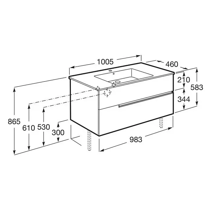 Roca Conjunto de mueble de baño Unik Borneo-N 2C - Ancho: 100 cm, Walnut, 2 pzs. - Dibujo técnico de un mueble de baño con lavabo integrado y dos cajones, con dimensiones.
