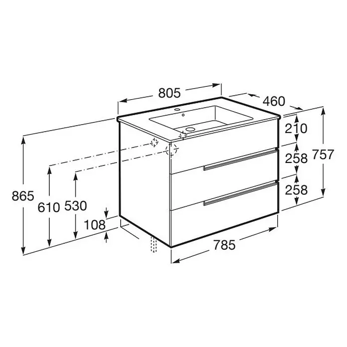 Roca Conjunto de mueble de baño Unik Borneo-N 3C - Ancho: 80 cm, Blanco, 2 pzs. - Dibujo técnico de un mueble de baño con lavabo integrado y dos cajones, con dimensiones detalladas.