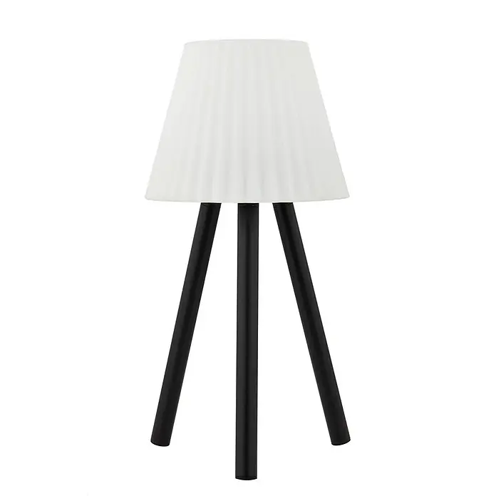 Lindby Tischleuchte Jaimy - schwarz, weiß / opal - Moderne Tischleuchte mit weißem Plisseeschirm und schwarzen Dreibeinfüßen.