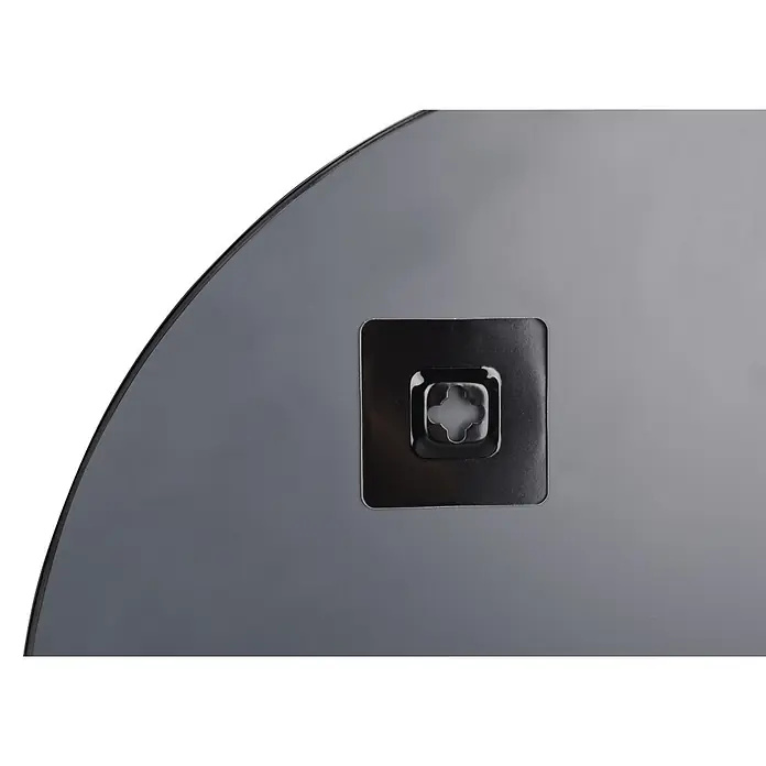 Rahmenspiegel Esra - Durchmesser: 50 cm, Schwarz, Metall - Dunkelgraue kreisförmige Platte mit schwarzer quadratischer Halterung und kreuzförmiger Öffnung.