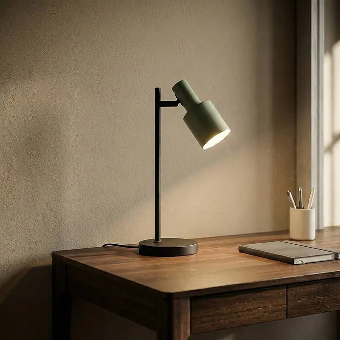 Lindby Tischleuchte Ovelia - schwarz, grün, E27 - Eine grüne und schwarze Schreibtischlampe beleuchtet einen Holztisch mit Notizbuch und Stiftehalter.