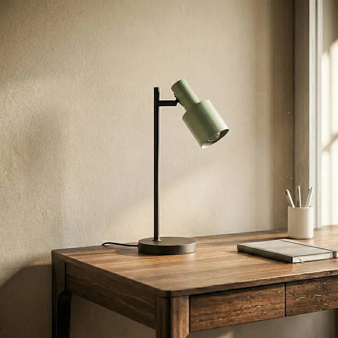 Lindby Tischleuchte Ovelia - schwarz, grün, E27 - Grüne und dunkle Metall-Schreibtischlampe auf einem Holztisch, von natürlichem Licht beleuchtet.