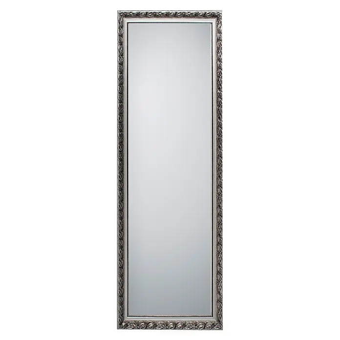 Rahmenspiegel Sonja - 50 x 150 cm, Silber, Holz - Ganzkörperspiegel mit kunstvollem, silbernem Rahmen und Blätterdekor.