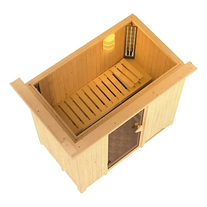 Karibu Elementsauna Variado - Ohne Dachkranz, Ohne Ofen, L x B x H: 196 x 118 x 192 cm - Draufsicht auf eine hölzerne Innensauna mit Liegefläche, Strahler und Glastür, ideal für entspannende Wellnessmomente im Zuhause.