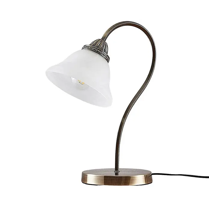 Lindby Tischleuchte Mialina - bronze / altmessing, E27 - Tischleuchte aus bronzefarbenem Metall mit geschwungenem Arm und weißem Milchglasschirm, LED-Leuchtmittel.