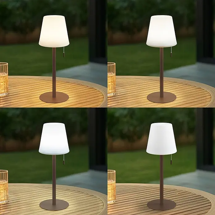 Lindby Tischleuchte Azalea - L x B x H: 16,5 x 16,5 x 45 cm, schwarz - Braune Outdoor-Tischleuchte mit weißem Konusschirm auf Holztisch, zeigt verschiedene Lichttemperaturen.