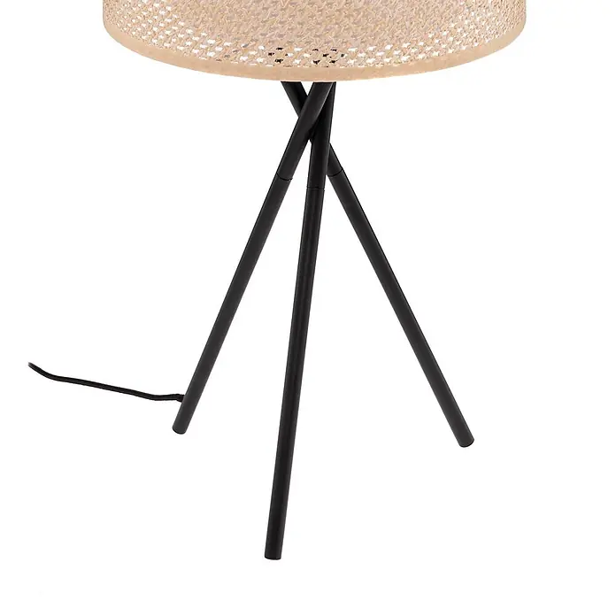 Lindby Tischleuchte Soula - L x B x H: 26 x 26 x 52 cm, schwarz, creme / amber, E27 - Stehlampe mit gewebtem Natur-Schirm und schwarzem Dreibein-Metallfuß, Elektrokabel sichtbar.