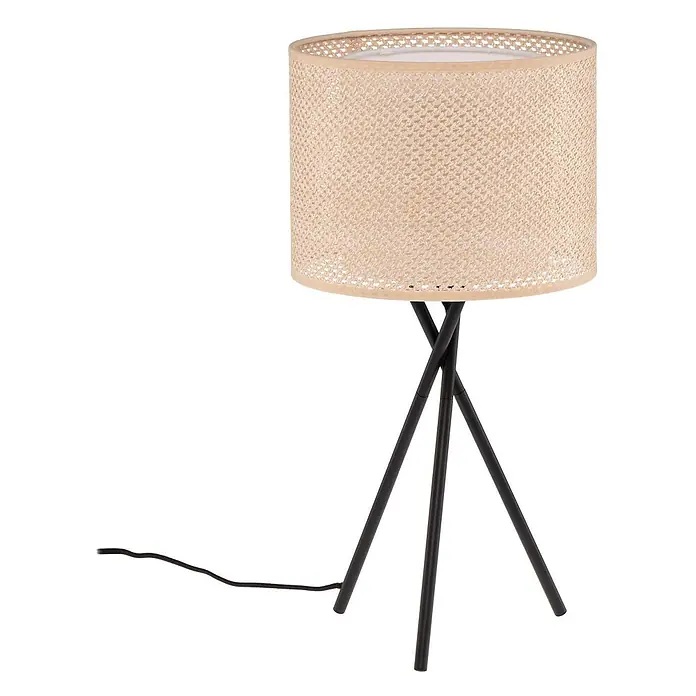 Lindby Tischleuchte Soula - L x B x H: 26 x 26 x 52 cm, schwarz, creme / amber, E27 - Beige geflochtene zylindrische Tischleuchte mit schwarzen Stativbeinen aus Metall.