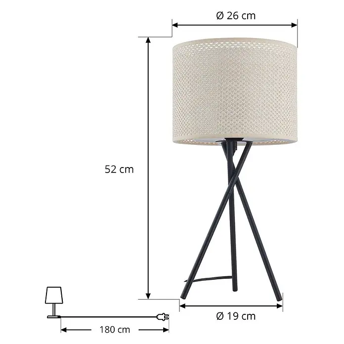 Lindby Tischleuchte Soula - L x B x H: 26 x 26 x 52 cm, schwarz, creme / amber, E27 - Schwarze Tischlampe mit Dreibeinfuß und hellem, gewebtem zylindrischem Lampenschirm. Höhe 52 cm, Schirm Ø 26 cm.