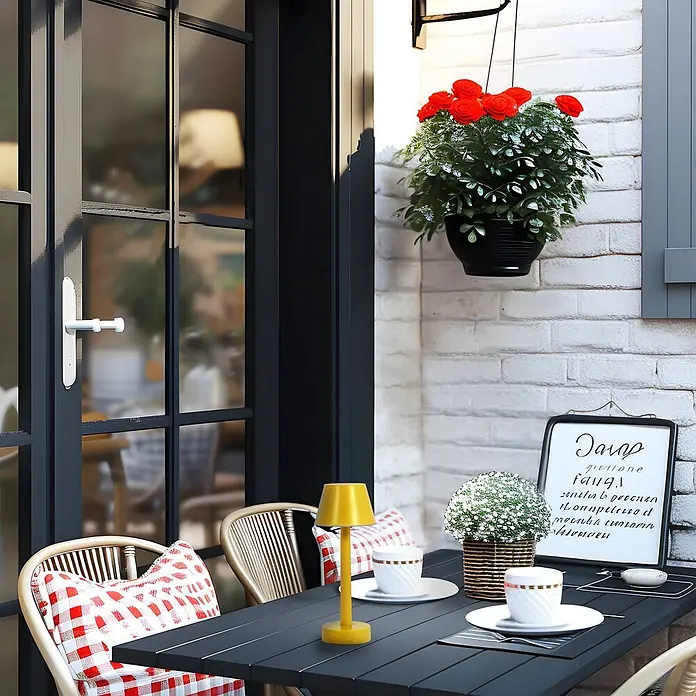 Lindby Tischleuchte Gaja - L x B x H: 9,5 x 9,5 x 24 cm, gelb / orange, gelb / orange - Eine kleine gelbe tragbare Lampe auf einem dunklen Terrassentisch, Teil eines Outdoor-Café-Esssets.