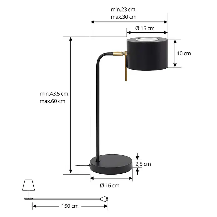 Lindby Tischleuchte Kaida - L x B x H: 30 x 15 x 43,5 cm, schwarz, schwarz, E27 - Schwarze und goldene verstellbare Tischlampe mit rundem Fuß und zylindrischem Schirm, Maße angegeben.