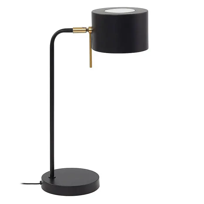 Lindby Tischleuchte Kaida - L x B x H: 30 x 15 x 43,5 cm, schwarz, schwarz, E27 - Schwarze Schreibtischlampe mit zylindrischem Schirm, goldfarbenem Gelenk und rundem Sockel.