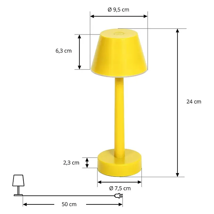 Lindby Tischleuchte Gaja - L x B x H: 9,5 x 9,5 x 24 cm, gelb / orange, gelb / orange - Eine gelbe Tischlampe mit rundem Sockel und konischem Schirm, mit detaillierten Maßen.