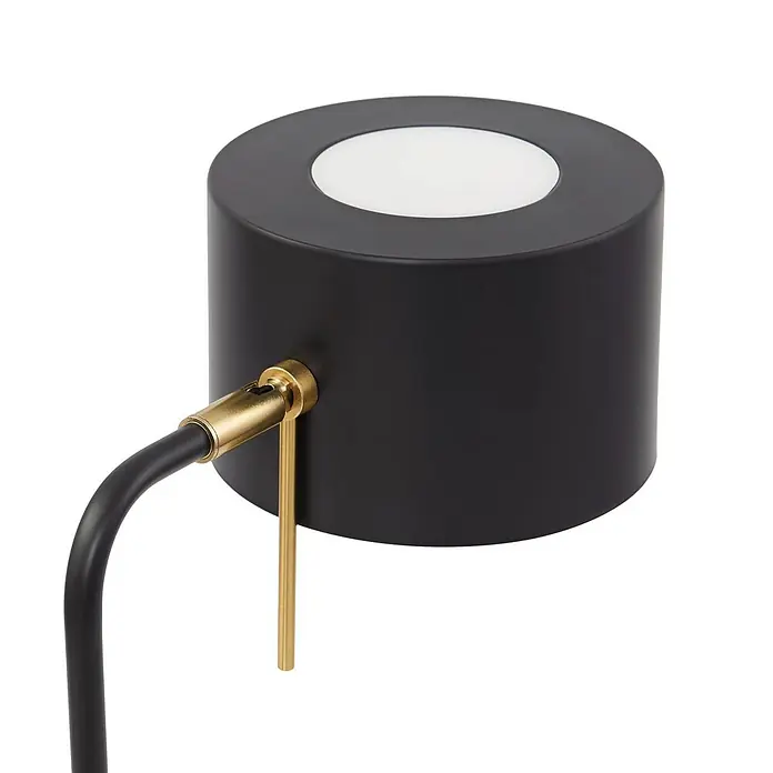 Lindby Tischleuchte Kaida - L x B x H: 30 x 15 x 43,5 cm, schwarz, schwarz, E27 - Schwarzer zylindrischer Lampenkopf mit weißem Diffusor, Messinggelenk und Hebel.