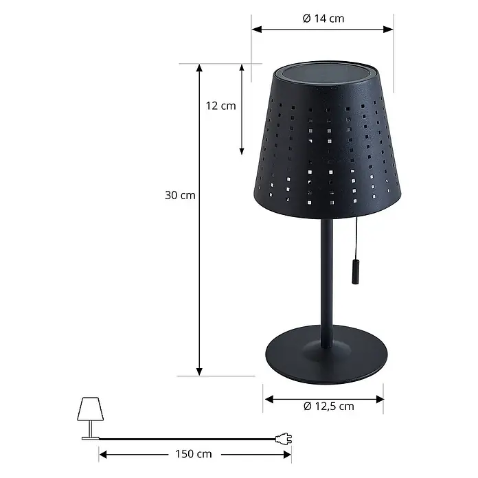 Lindby Tischleuchte Hilario - schwarz, schwarz - Schwarze perforierte Tischlampe mit rundem Fuß und 150 cm Kabel. Maße: 30 cm H, 14 cm Schirm Ø.