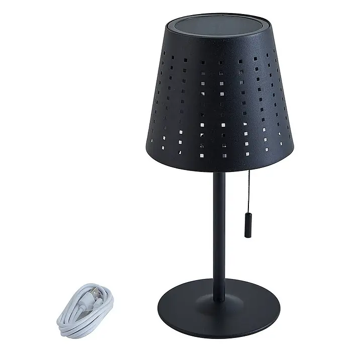 Lindby Tischleuchte Hilario - schwarz, schwarz - Schwarze wiederaufladbare Tischleuchte mit perforiertem Schirm, Zugschalter und USB-Kabel.