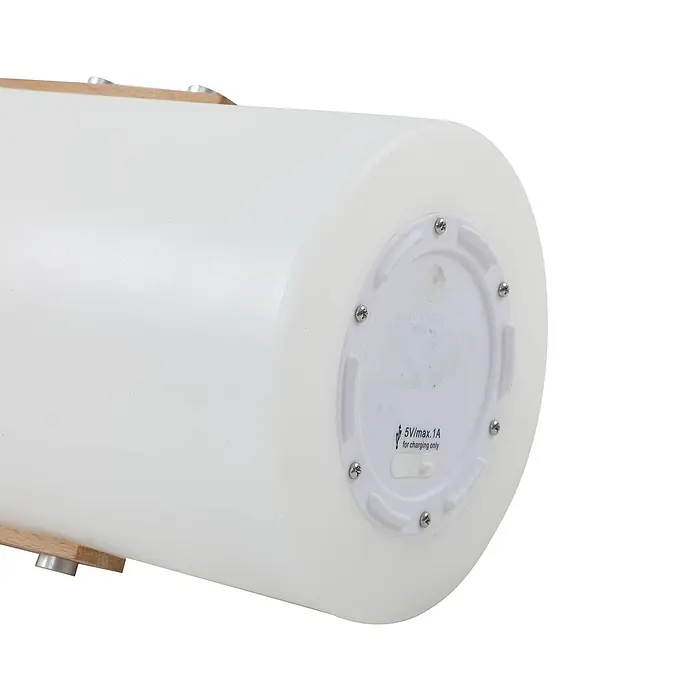 Lindby Tischleuchte Juria - L x B x H: 16,5 x 16,5 x 35,5 cm, weiß / opal - Weiße zylindrische Leuchte mit Holzdetail und 5V/max. 1A Ladeanschluss am Boden.