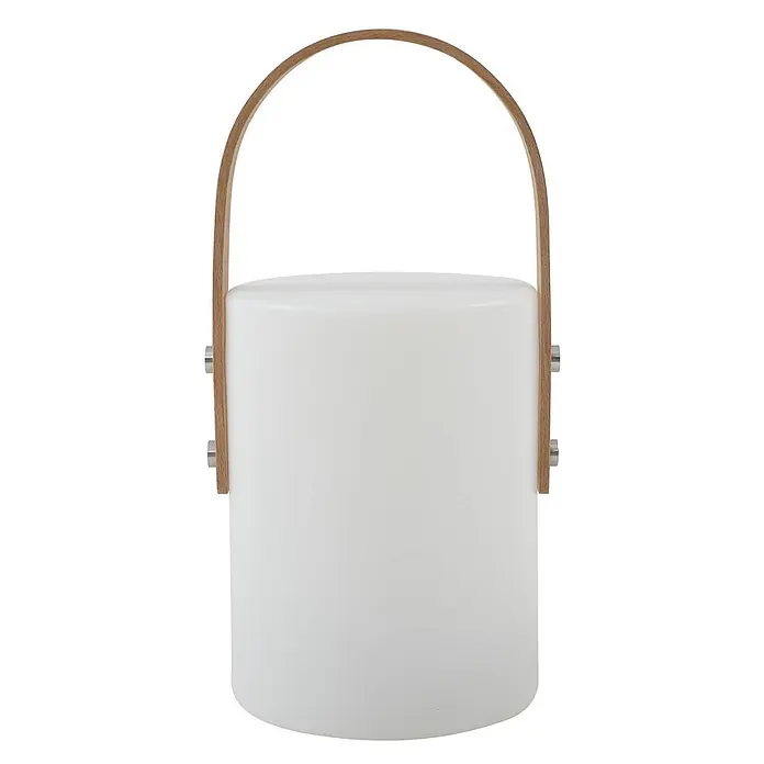 Lindby Tischleuchte Juria - L x B x H: 16,5 x 16,5 x 35,5 cm, weiß / opal - Weiße zylindrische tragbare Lampe mit einem hellen Holz-Bogenhenkel, befestigt mit Metallteilen.