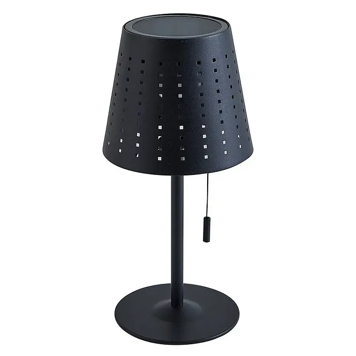 Lindby Tischleuchte Hilario - schwarz, schwarz - Schwarze Solar-Tischlampe aus Metall mit perforiertem Schirm und Zugschnurschalter.