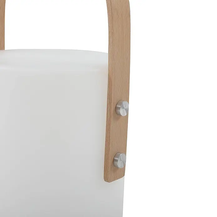 Lindby Tischleuchte Juria - L x B x H: 16,5 x 16,5 x 35,5 cm, weiß / opal - Weiße transluzente Laterne mit hellem Holzgriff, befestigt mit zwei silbernen Metallakzenten.