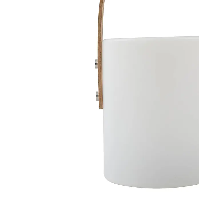 Lindby Tischleuchte Juria - L x B x H: 16,5 x 16,5 x 35,5 cm, weiß / opal - Weiße zylindrische Lampe mit gebogenem Holzelement und Metallbefestigungen.