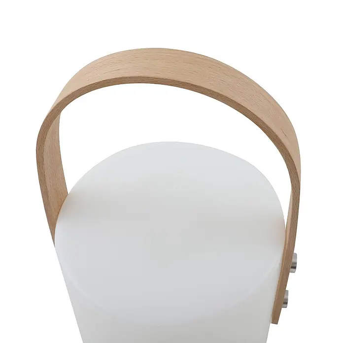 Lindby Tischleuchte Juria - L x B x H: 16,5 x 16,5 x 35,5 cm, weiß / opal - Weiße zylindrische Lampe mit hellem, gebogenem Holzgriff, befestigt mit Metallverschlüssen.