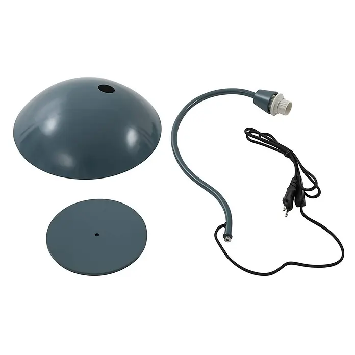 Lucande Tischleuchte Arvadon - blau, blau, E14 - Zerlegte dunkelblau-graue Tischlampe mit gewölbtem Schirm, rundem Sockel, flexiblem Arm, E27-Fassung und Netzkabel mit Schalter.