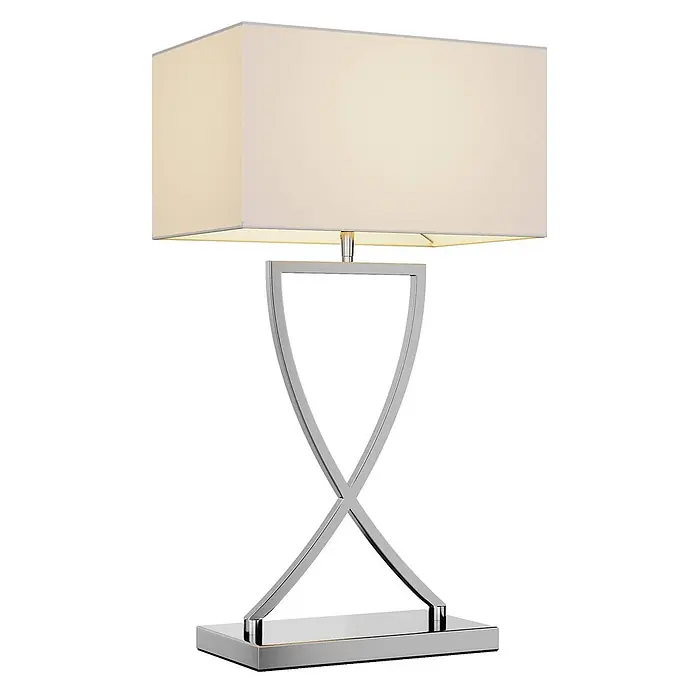 Lucande Tischleuchte Evaine - L x B x H: 20 x 35 x 66 cm, chrom / silber, weiß / opal, E27 - Moderne Tischlampe mit rechteckigem cremefarbenem Stoffschirm und poliertem Chrom-X-förmigem Fuß.