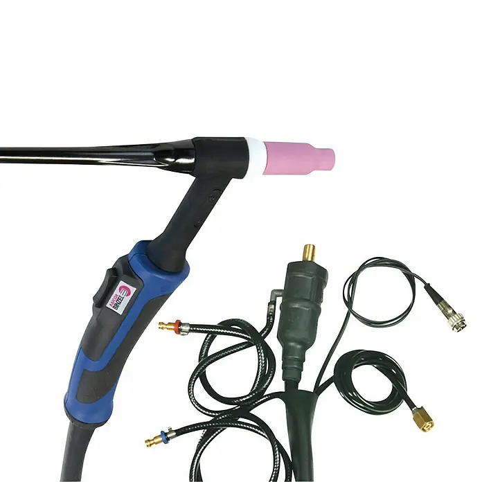 Gys WIG-Schweißbrenner SR 20 Grip - Wassergekühlt - TIG-Schweißbrenner mit blauem Griff und Kabeln. Ideal zum präzisen Schweißen, inklusive Anschlussstücken für Gas und Strom.