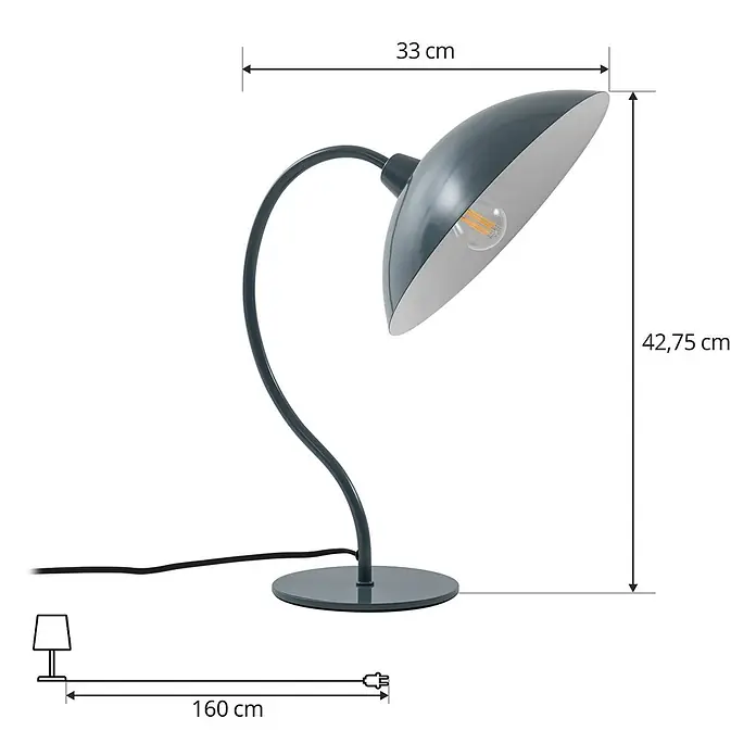 Lucande Tischleuchte Arvadon - blau, blau, E14 - Dunkelgraue Metall-Tischlampe mit gebogenem Arm und halbrunden Schirm, mit sichtbarer Glühfadenbirne.