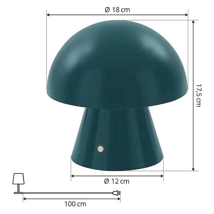 Lindby Tischleuchte Nevijo - L x B x H: 18 x 18 x 17,5 cm, grün, grün - Dunkeltürkise Pilz-Tischleuchte. Ihre Maße und Kabellänge sind abgebildet.