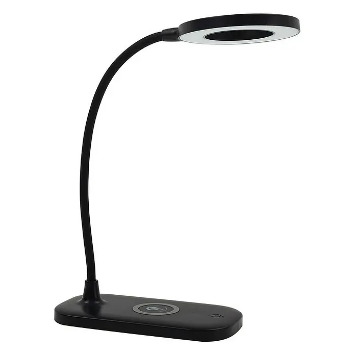 Lindby Tischleuchte Siona - schwarz, schwarz - Schwarze flexible LED-Schreibtischlampe mit Ringlicht und kabelloser Ladestation.