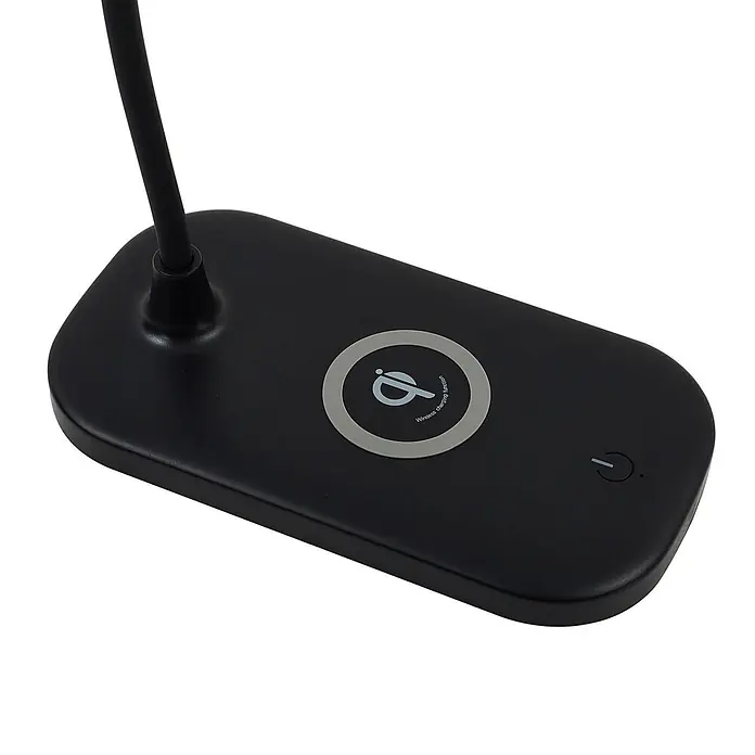 Lindby Tischleuchte Siona - schwarz, schwarz - Schwarzer Schreibtischlampenfuß mit flexiblem Arm, integriertem Qi-Wireless-Ladepad und Touch-Power-Taste.