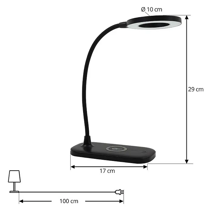Lindby Tischleuchte Siona - schwarz, schwarz - Schwarze flexible LED-Schreibtischlampe mit rundem Licht und integriertem kabellosen Ladepad in der Basis.