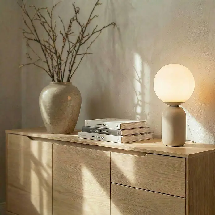 Lindby Tischleuchte Lennes - L x B x H: 20 x 20 x 39 cm, creme / amber, weiß / opal, E27 - Moderne Tischlampe mit kugelförmigem weißem Licht und zylindrischem beigefarbenem Sockel auf einem hellen Holzsideboard.