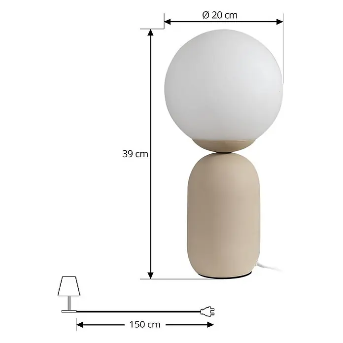 Lindby Tischleuchte Lennes - L x B x H: 20 x 20 x 39 cm, creme / amber, weiß / opal, E27 - Weiße kugelförmige Tischlampe mit beigem Zylinderfuß, 39 cm hoch, 20 cm Schirmdurchmesser.