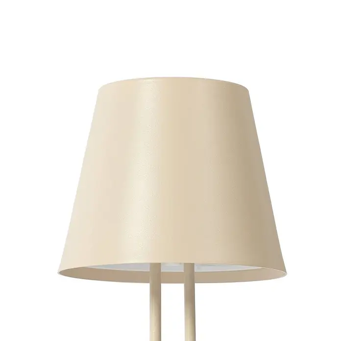 Lindby Tischleuchte Janea - creme / amber, creme / amber - Beiger konischer Lampenschirm mit feiner Textur, getragen von zwei vertikalen Armen.